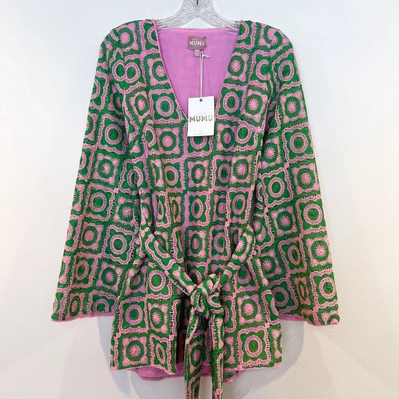 Show Me Your Mumu Treasure Green Pink Crochet Bell Sleeve Mini Dress XS NWT - Picture 6 of 11